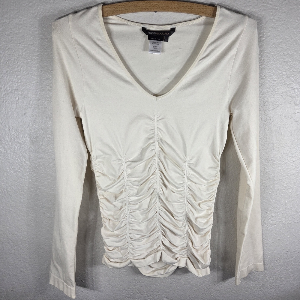 BCBGMaxazria Ivory Ruched Long Sleeve V-Neck Top Blouse M/ L Stretch